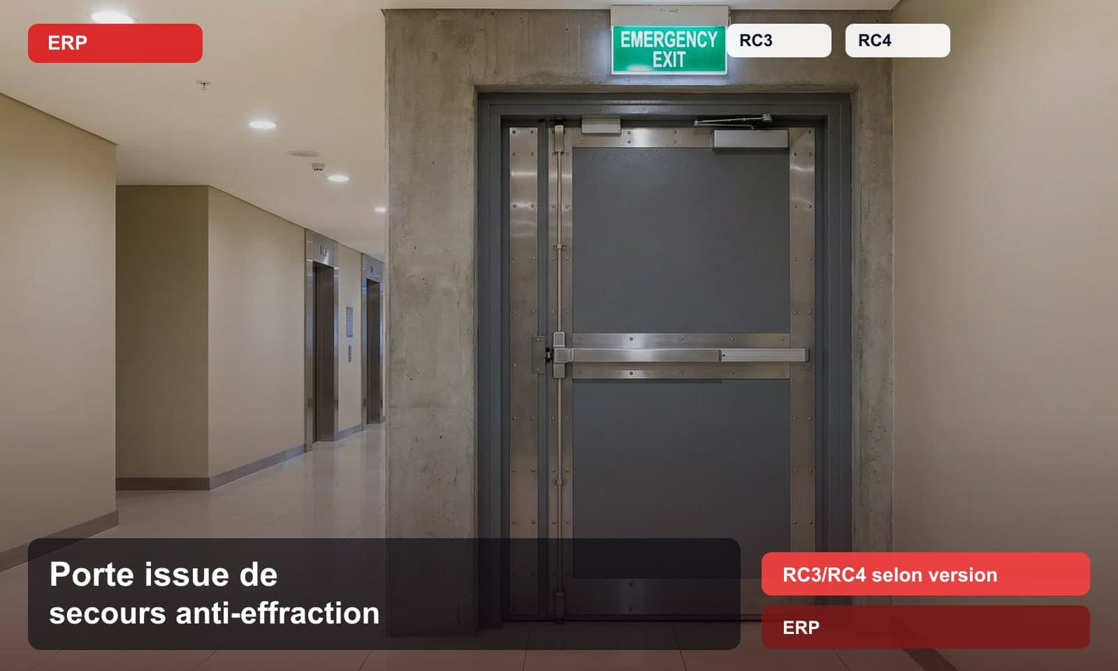 Photo porte issue de secours anti-effraction norme RC3/RC4 selon version pour ERP